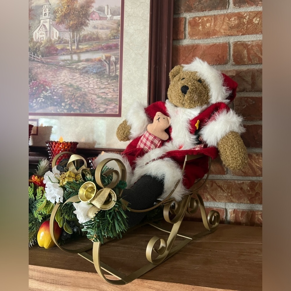 ❤️ Rare Vintage 1987 Large Teddy Bear Christmas Gold Sleigh